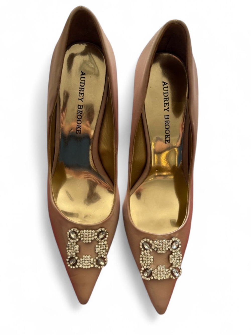 Audrey Brooke Brown Pointed Toe Pumps with Rhinestone Buckle